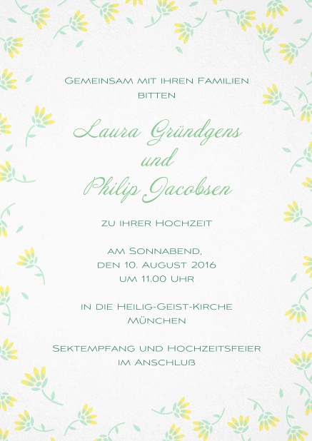 Einladungskarte zur Hochzeit mit zarten Blumen in verschiedenen Farben. Gelb.