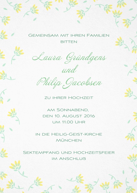Suesse Bluemchen - Gelb - Hochzeitseinladungen Einladungskarte zur Hochzeit mit zarten Blumen in verschiedenen Farben. Gelb.