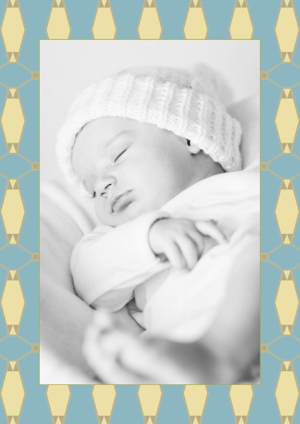 Online Birth announcement photo card with golden art-nouveau ornaments.