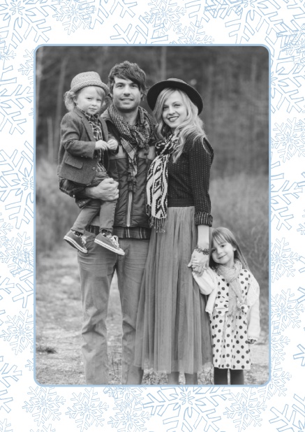 Online Weihnachtskarte mit großem Fotofeld und Rahmen aus Schneeflocken.