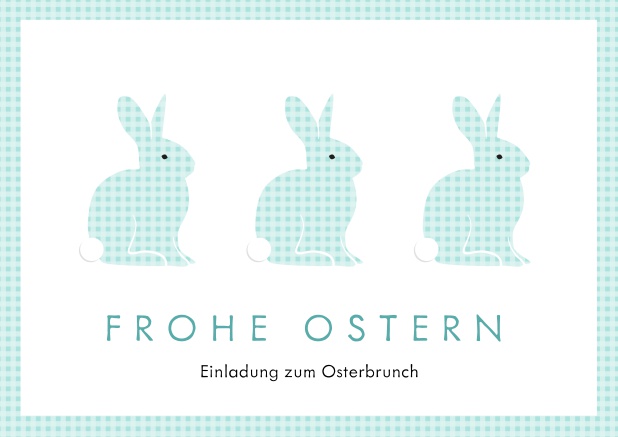 Ein fröhliches Design mit drei blauen Osterhasen und Frohe Ostern Text, perfekt für Online Einladungen zu Ostern