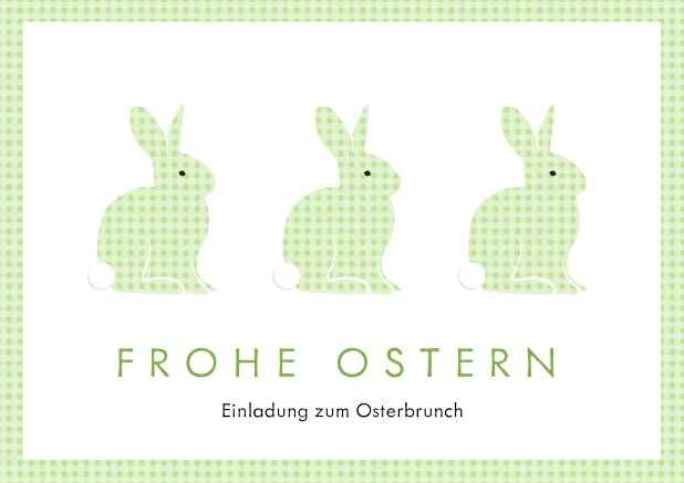 Ein fröhliches Design mit drei blauen Osterhasen und Frohe Ostern Text, perfekt für Online Einladungen zu Ostern Grün.