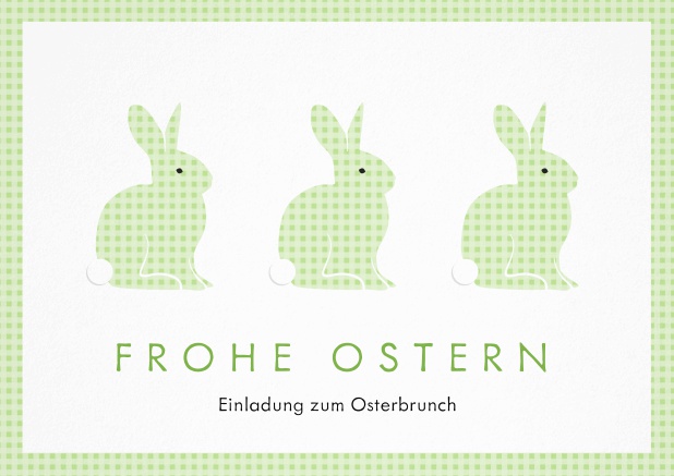 Ein fröhliches Design mit drei blauen Osterhasen und Frohe Ostern Text, perfekt für Einladungen zu Ostern Grün.