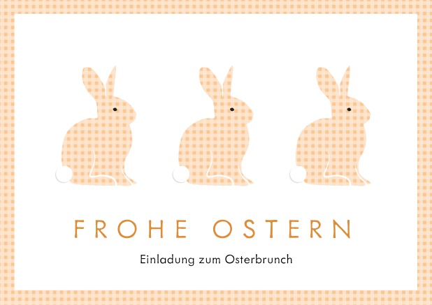 Ein fröhliches Design mit drei blauen Osterhasen und Frohe Ostern Text, perfekt für Online Einladungen zu Ostern Orange.