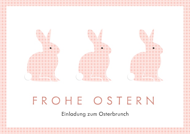 Ein fröhliches Design mit drei blauen Osterhasen und Frohe Ostern Text, perfekt für Online Einladungen zu Ostern Rosa.