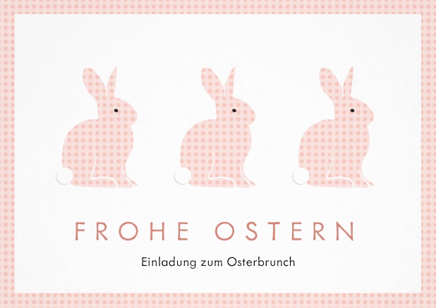 Ein fröhliches Design mit drei blauen Osterhasen und Frohe Ostern Text, perfekt für Einladungen zu Ostern Rosa.