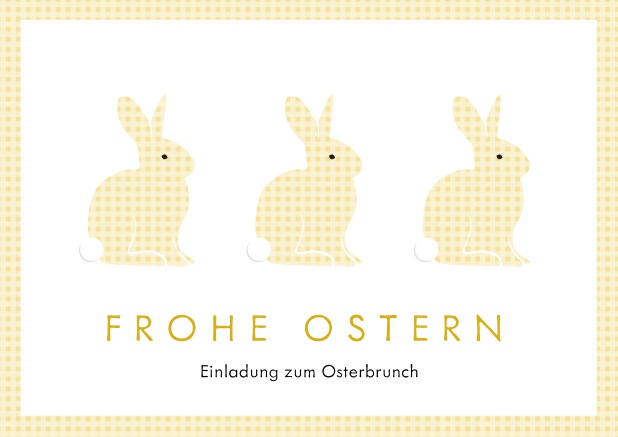 Ein fröhliches Design mit drei blauen Osterhasen und Frohe Ostern Text, perfekt für Online Einladungen zu Ostern Gelb.