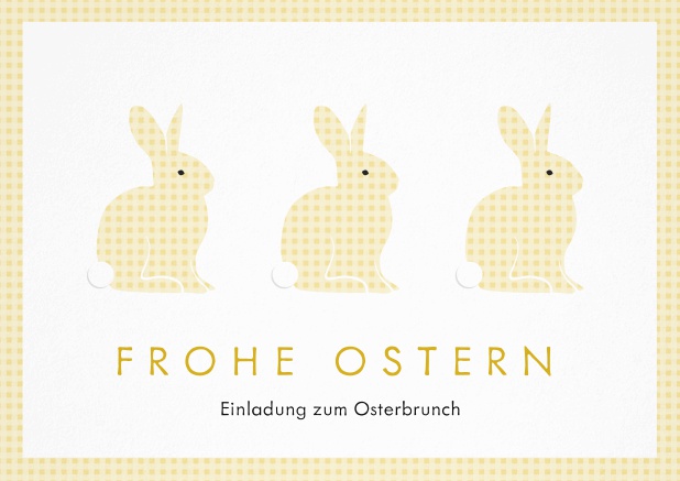 Ein fröhliches Design mit drei blauen Osterhasen und Frohe Ostern Text, perfekt für Einladungen zu Ostern Gelb.