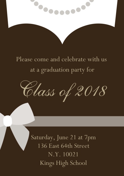 Invitation card to your graduation party designed as a graduate's dress with necklace Brown.