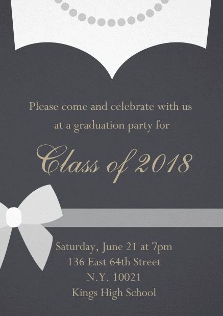 Invitation card to your graduation party designed as a graduate's dress with necklace Grey.