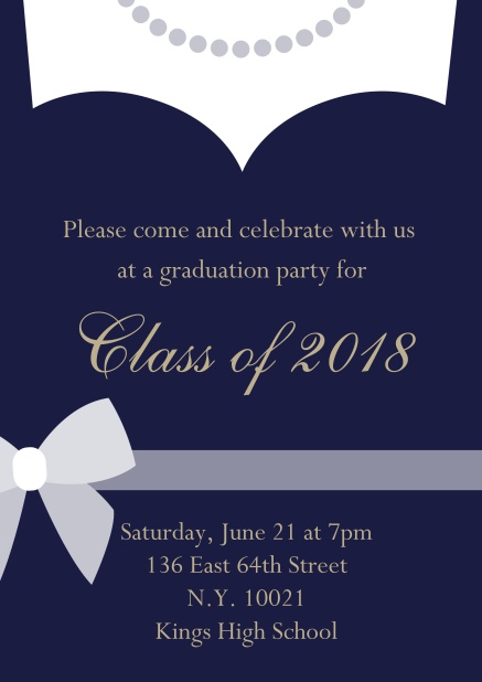 Invitation card to your graduation party designed as a graduate's dress with necklace Navy.