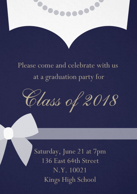 Invitation card to your graduation party designed as a graduate's dress with necklace Navy.