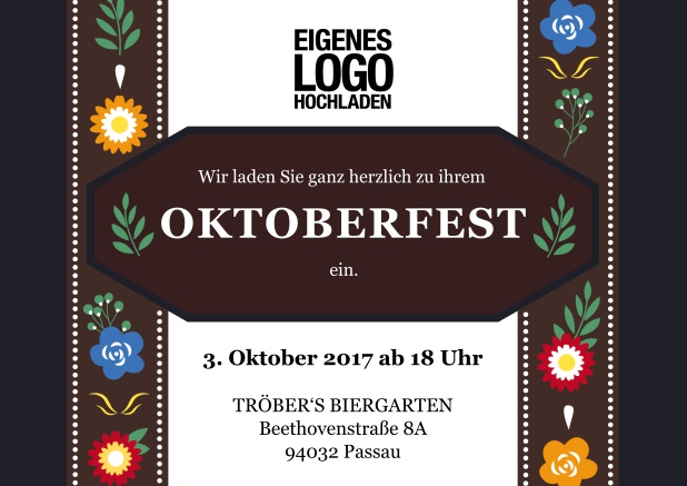 Online Oktoberfest Einladungskarte mit Einladungstext auf einer klassischen Lederhose. Schwarz.