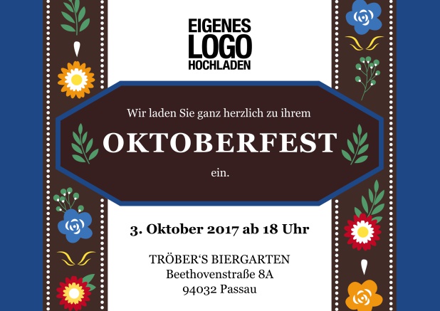 Online Oktoberfest Einladungskarte mit Einladungstext auf einer klassischen Lederhose. Blau.