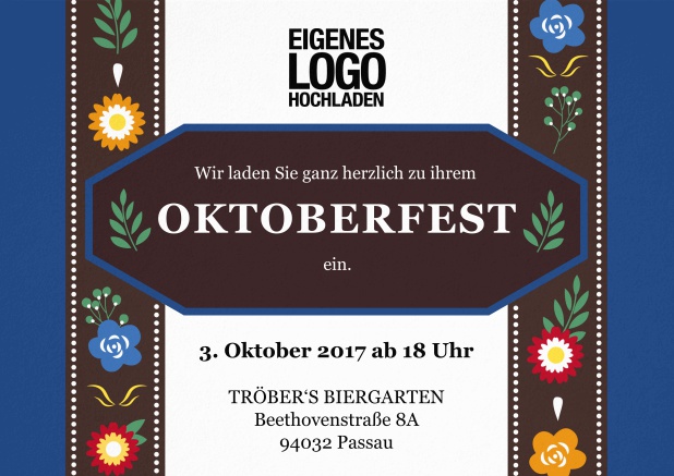 Oktoberfest Einladungskarte mit Einladungstext auf einer klassischen Lederhose. Blau.