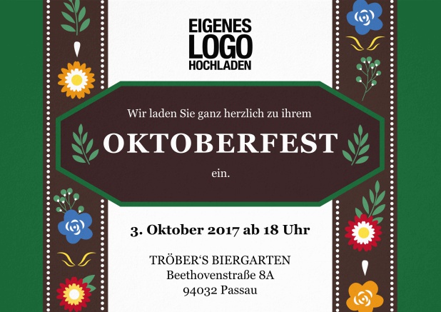 Oktoberfest Einladungskarte mit Einladungstext auf einer klassischen Lederhose. Grün.