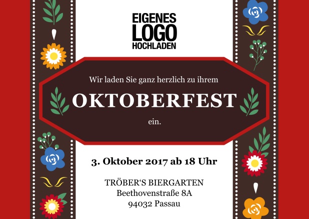 Online Oktoberfest Einladungskarte mit Einladungstext auf einer klassischen Lederhose. Rot.