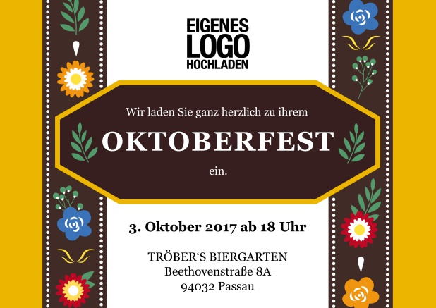 Online Oktoberfest Einladungskarte mit Einladungstext auf einer klassischen Lederhose. Gelb.