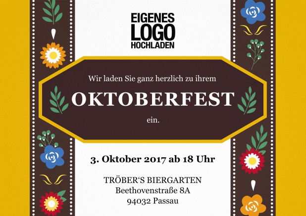 Oktoberfest Einladungskarte mit Einladungstext auf einer klassischen Lederhose. Gelb.