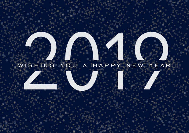 Online dark Happy New Year card with white 2019 and text. Navy.