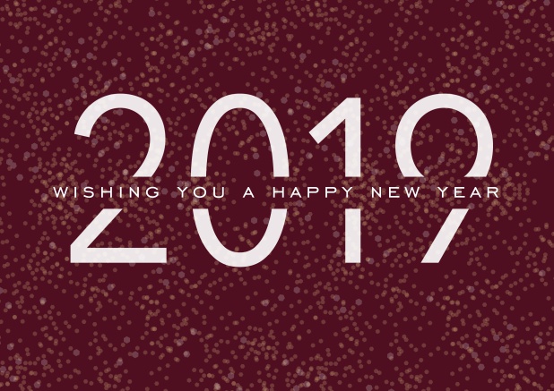 Online dark Happy New Year card with white 2019 and text. Red.