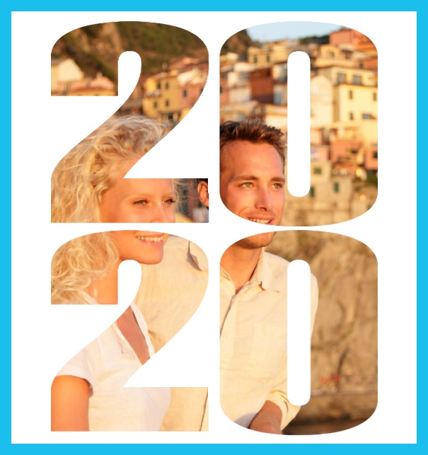 Online Save the Date Fotokarte mit anpassbarem Rahmen und Text und ausgeschnittener Jahreszahl 2020 Blau.