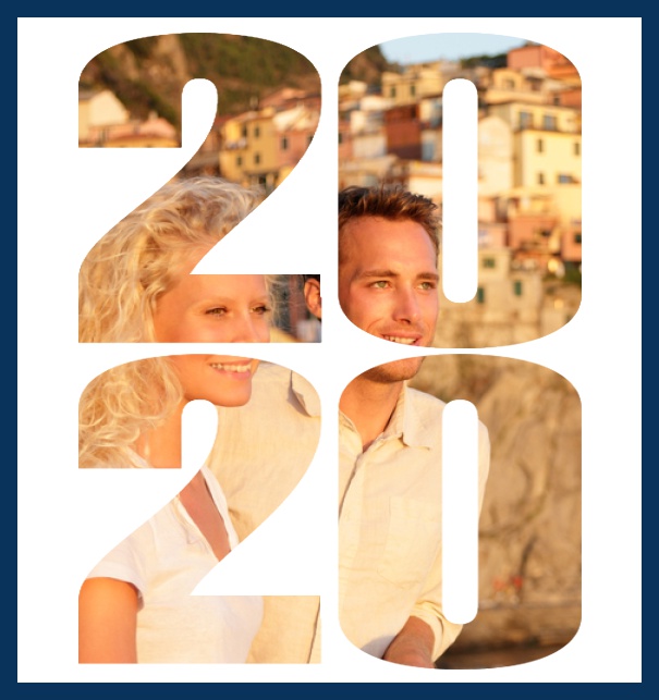 Online Save the Date Fotokarte mit anpassbarem Rahmen und Text und ausgeschnittener Jahreszahl 2020 Marine.