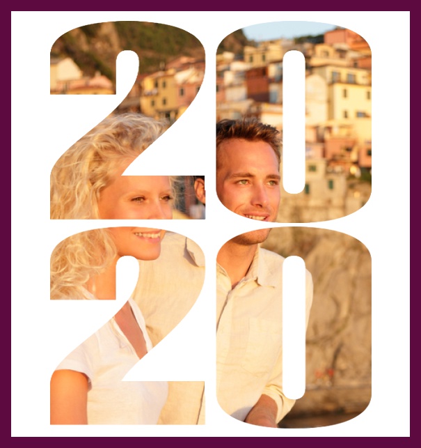 Online Save the Date Fotokarte mit anpassbarem Rahmen und Text und ausgeschnittener Jahreszahl 2020