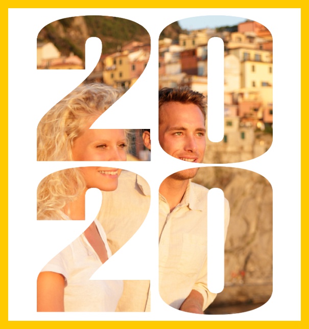 Online Save the Date Fotokarte mit anpassbarem Rahmen und Text und ausgeschnittener Jahreszahl 2020 Gelb.