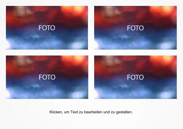 Einfach gestaltete Fotokarte mit Rahmen in Querformat mit 4 Fotofeldern zum Foto selber hochladen inkl. Textfeld.