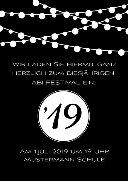 Online Einladungskarte zum Abi-Fest mit Party Beleuchtung. Schwarz.