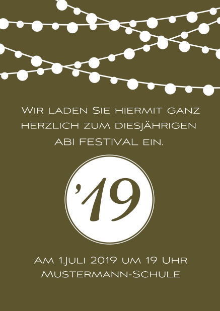 Online Einladungskarte zum Abi-Fest mit Party Beleuchtung. Gold.
