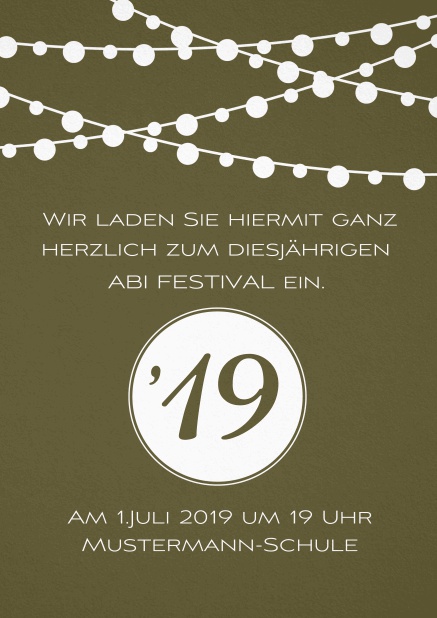 Abi 19 Leuchtend - Gold - Abifest Einladungskarte zum Abi-Fest mit Party Beleuchtung. Gold.