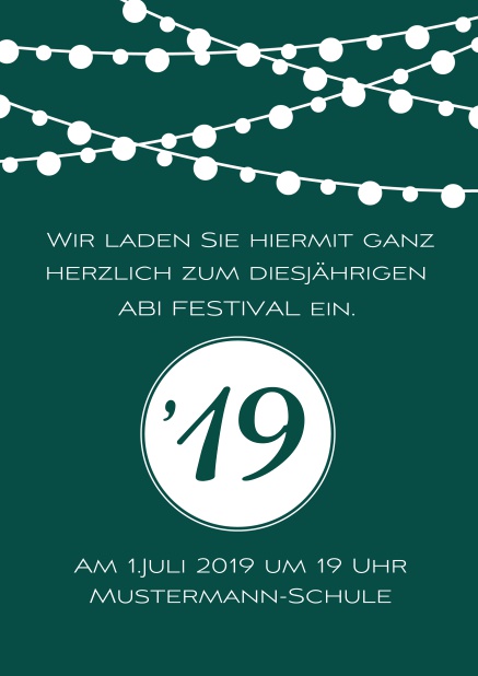 Online Einladungskarte zum Abi-Fest mit Party Beleuchtung. Grün.