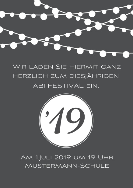 Online Einladungskarte zum Abi-Fest mit Party Beleuchtung. Grau.