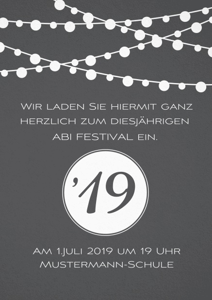 Einladungskarte zum Abi-Fest mit Party Beleuchtung. Grau.