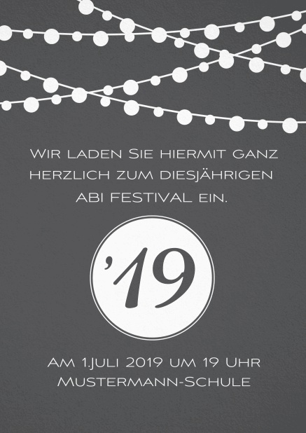 Abi 19 Leuchtend - Grau - Abifest Einladungskarte zum Abi-Fest mit Party Beleuchtung. Grau.