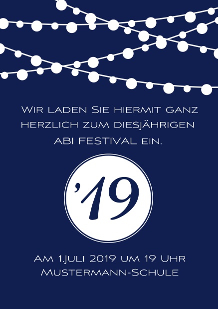 Online Einladungskarte zum Abi-Fest mit Party Beleuchtung. Marine.