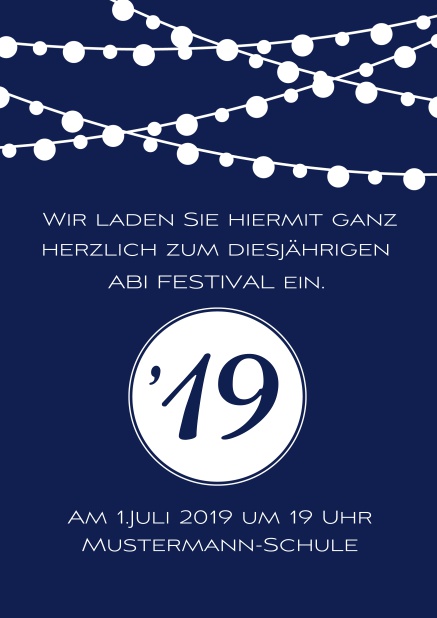 Abi 19 Leuchtend - Marine - Abifest Online Einladungskarte zum Abi-Fest mit Party Beleuchtung. Marine.