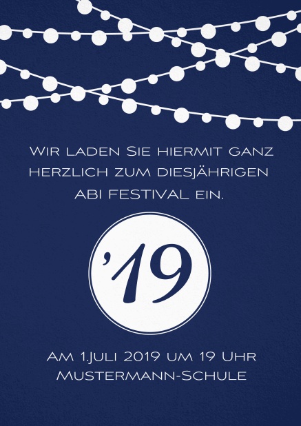 Abi 19 Leuchtend - Marine - Abifest Einladungskarte zum Abi-Fest mit Party Beleuchtung. Marine.