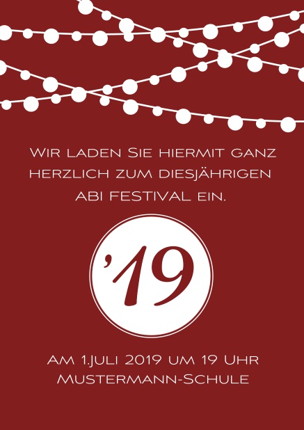Online Einladungskarte zum Abi-Fest mit Party Beleuchtung. Rot.