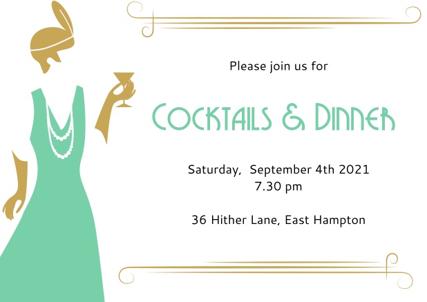 Online Roaring Twenties invitation card with glamorous lady holding cocktail glass.