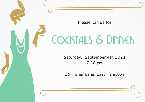 Roaring Twenties invitation card with glamorous lady holding cocktail glass.
