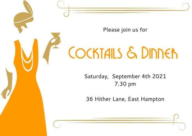Online Roaring Twenties invitation card with glamorous lady holding cocktail glass. Orange.