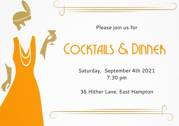 Roaring Twenties invitation card with glamorous lady holding cocktail glass. Orange.