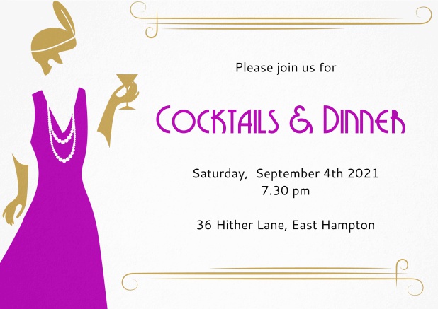 Roaring Twenties invitation card with glamorous lady holding cocktail glass. Purple.