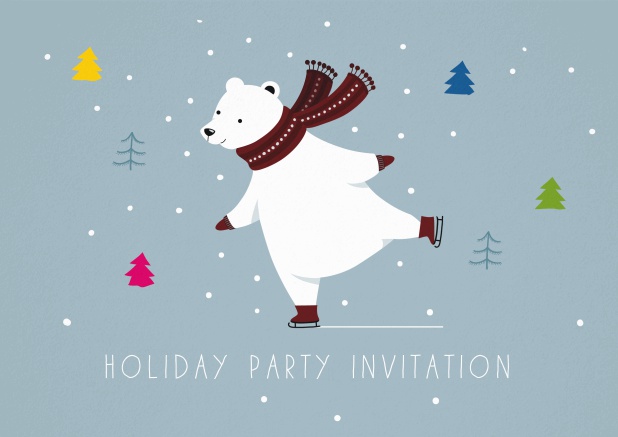 Holiday party invitation card with polar bear on skates.