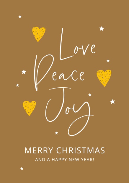 Online Goldene Weihnachtskarte mit Love, Peace, Joy