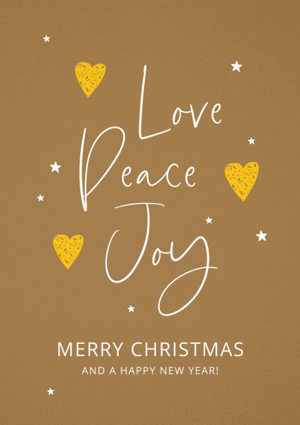 Goldene Weihnachtskarte mit Love, Peace, Joy
