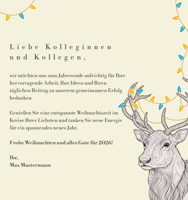 Weihnachtskarte in Wunschfarbe mit Hirsch und leuchtender farbiger Lichterkette animiert Beige.